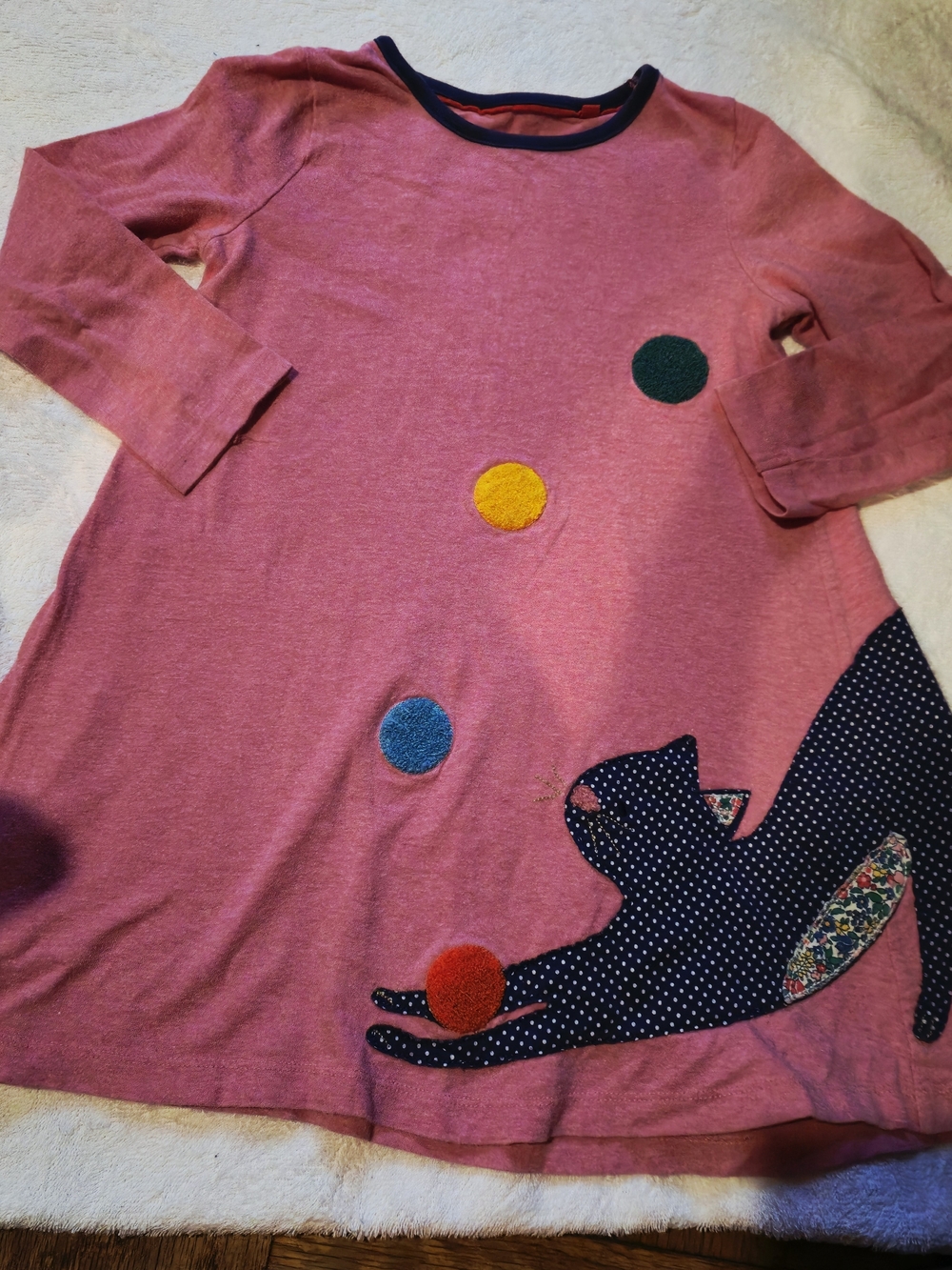 Mini Boden Pink Dress with Navy Cat and Colorful Pom Dots